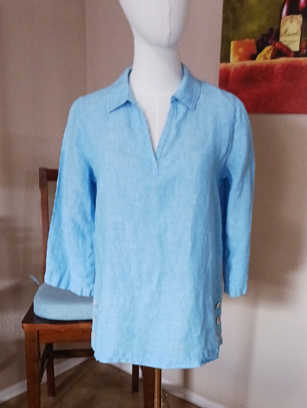 Tahari Sky Blue Linen Split-Neck Tunic